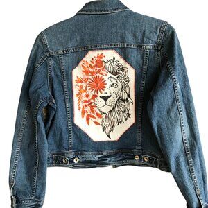 Upcycled Denim Jacket: Hand-Painted Lion Patchwork, Women's Medium
